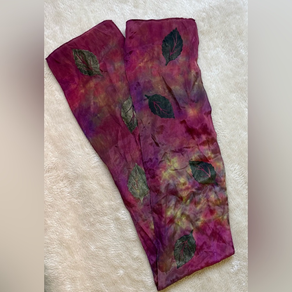 Vintage FABULOUS pink gold leaf multi color silk scarf 50x7